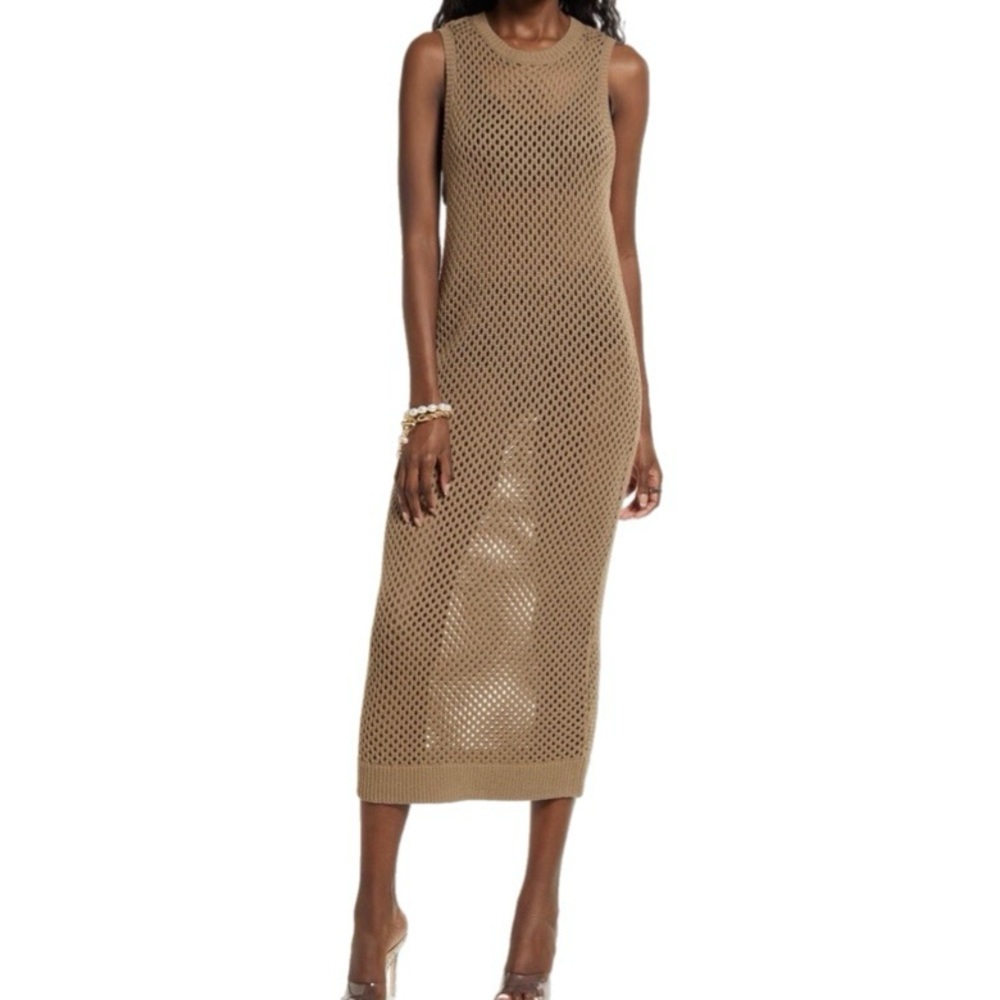 Open Edit Open Stitch Sleeveless Cotton Blend Sweater Dress In Tan Size L